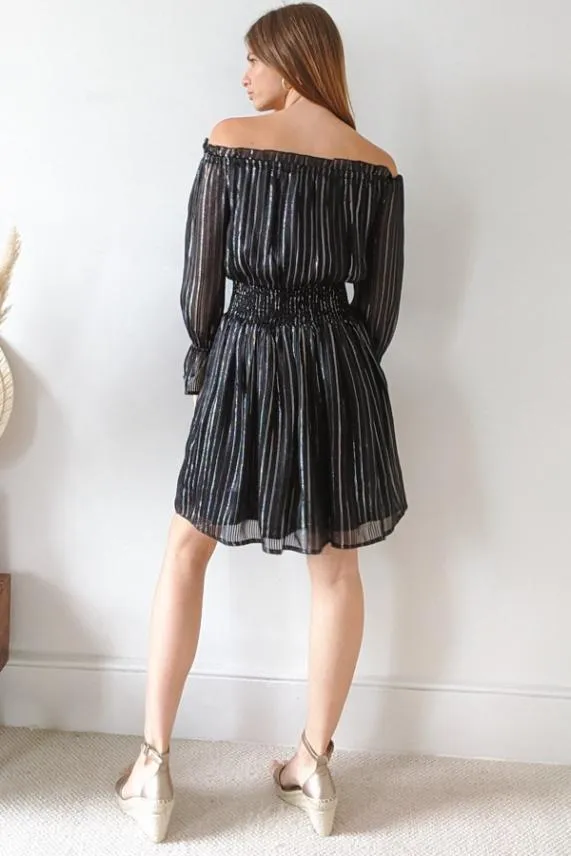 Sosandar Black and Silver Lurex Stripe Bardot Dress Black Silver Women Dresses