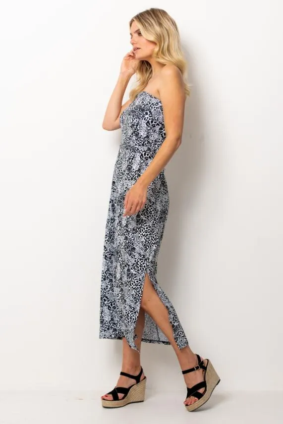 Sosandar Black and White Animal Print Open Back Bandeau Dress Black White Women Dresses