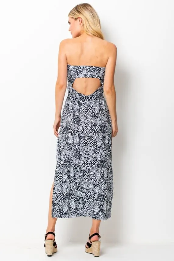 Sosandar Black and White Animal Print Open Back Bandeau Dress Black White Women Dresses