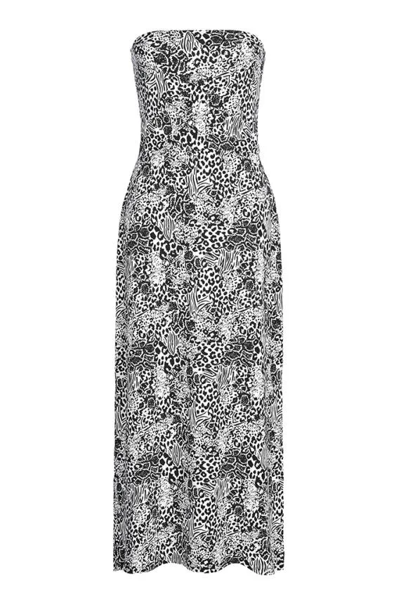 Sosandar Black and White Animal Print Open Back Bandeau Dress Black White Women Dresses