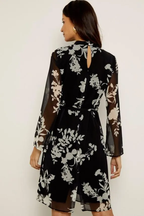 Sosandar Black and White Floral Print Belted Shift Dress Black White Women Dresses