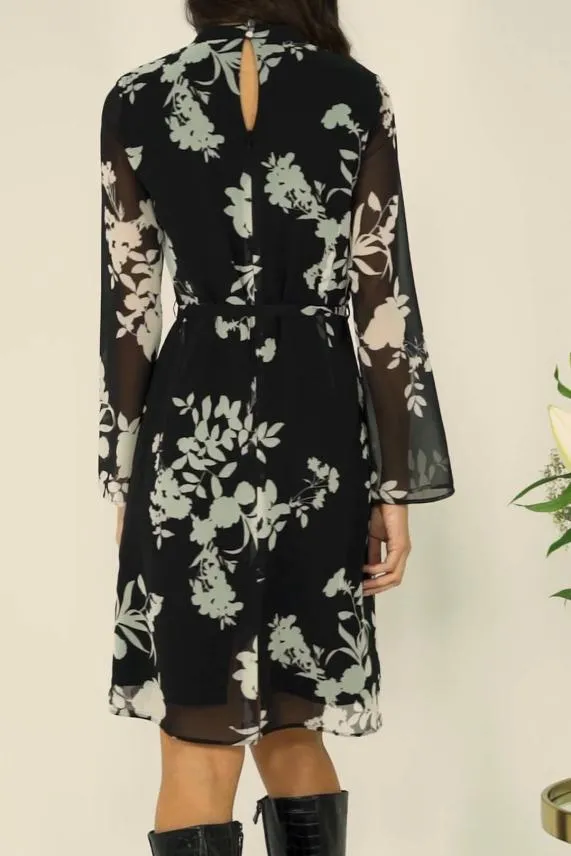 Sosandar Black and White Floral Print Belted Shift Dress Black White Women Dresses