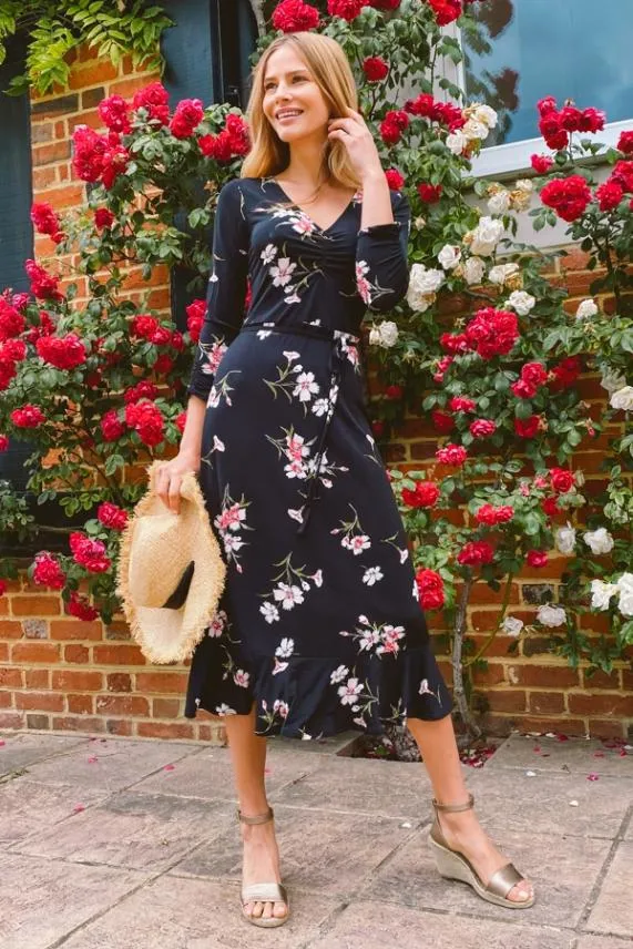 Sosandar Black and White Floral Print Jersey Midi Dress Black White Women Dresses