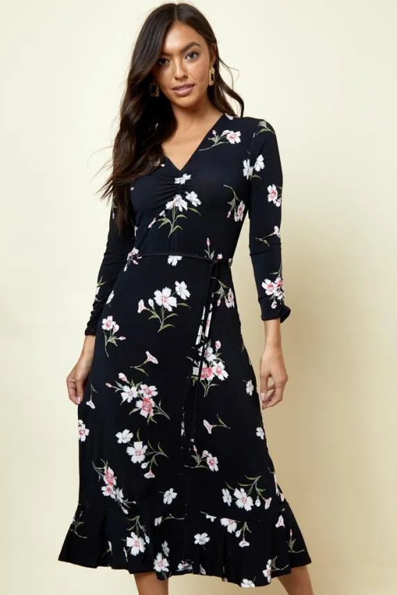 Sosandar Black and White Floral Print Jersey Midi Dress Black White Women Dresses