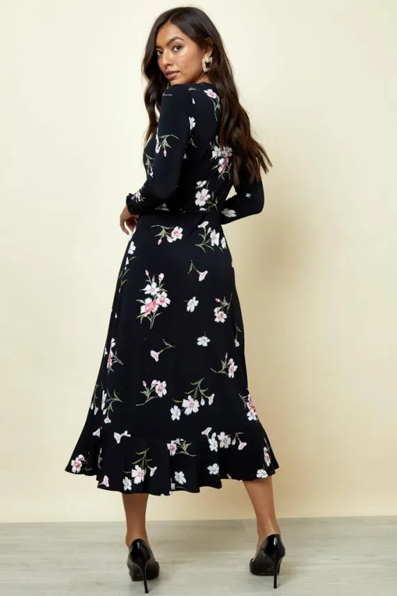 Sosandar Black and White Floral Print Jersey Midi Dress Black White Women Dresses