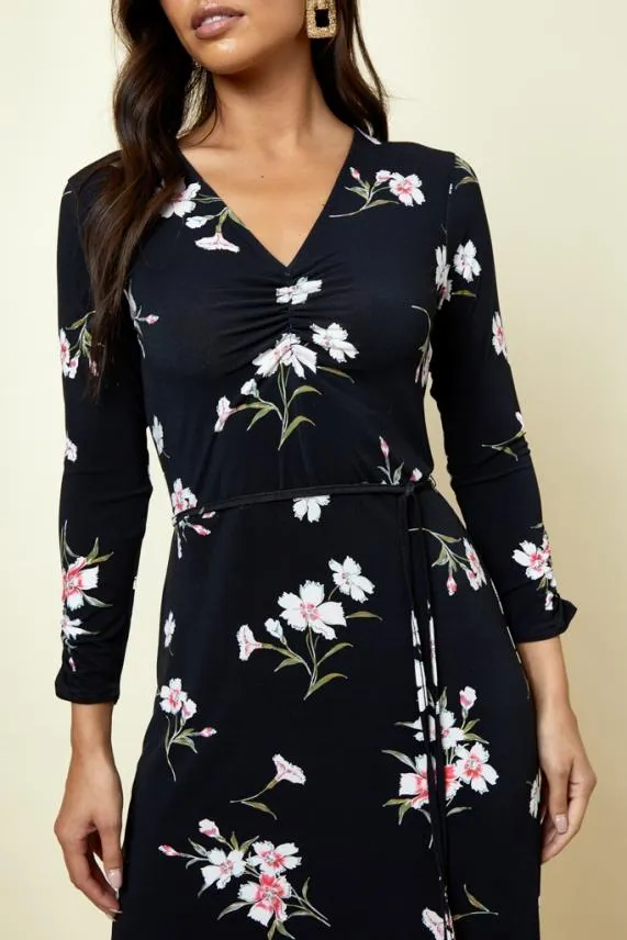 Sosandar Black and White Floral Print Jersey Midi Dress Black White Women Dresses