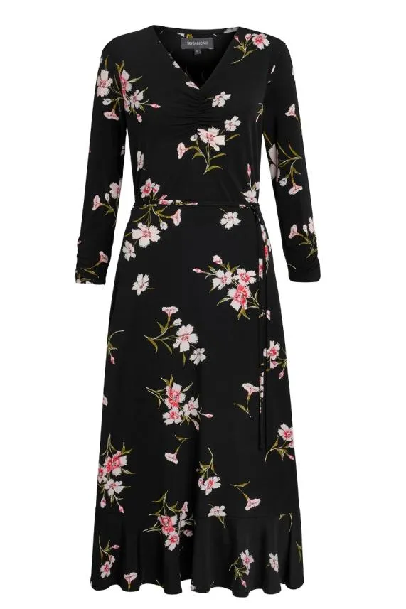 Sosandar Black and White Floral Print Jersey Midi Dress Black White Women Dresses