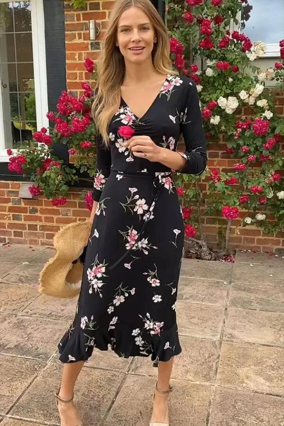 Sosandar Black and White Floral Print Jersey Midi Dress Black White Women Dresses