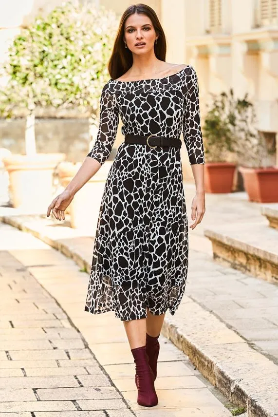 Sosandar Black and White Morocco Print Bardot Mesh Dress Black White Women Dresses Sosandar Black and White Morocco Print Bardot Mesh Dress Black White Women Dresses