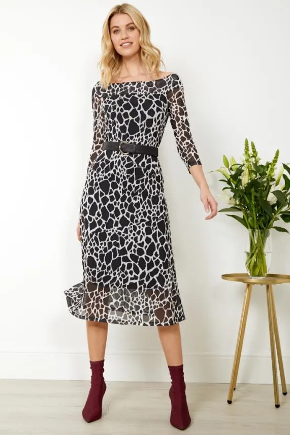 Sosandar Black and White Morocco Print Bardot Mesh Dress Black White Women Dresses