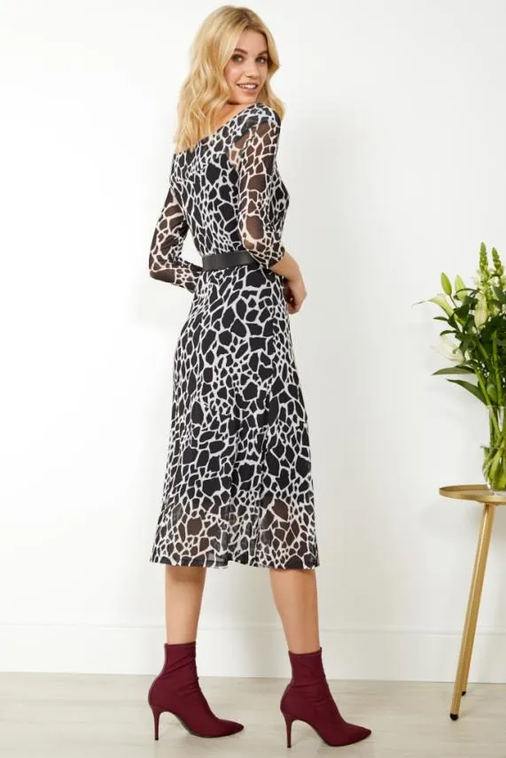 Sosandar Black and White Morocco Print Bardot Mesh Dress Black White Women Dresses