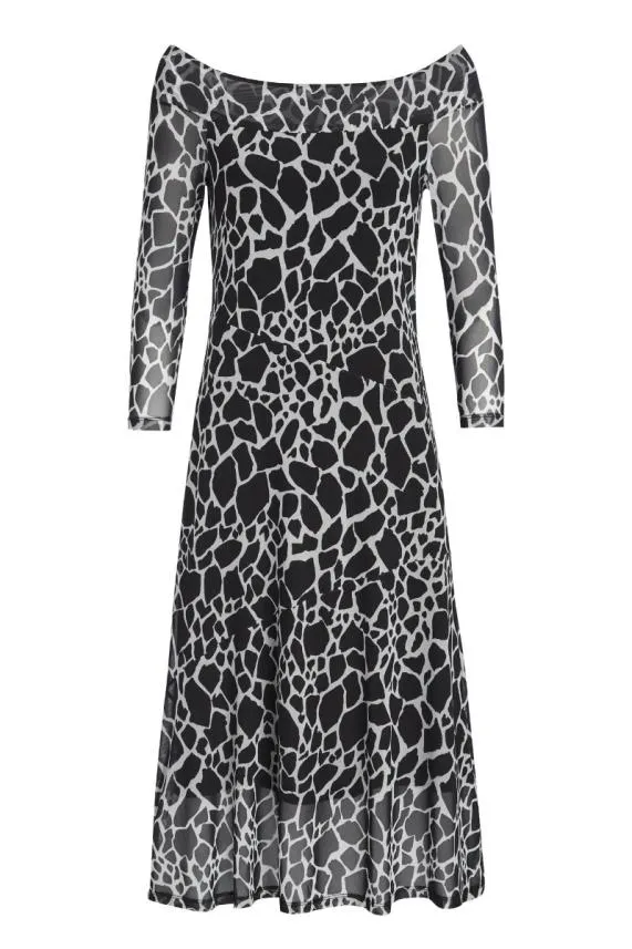 Sosandar Black and White Morocco Print Bardot Mesh Dress Black White Women Dresses