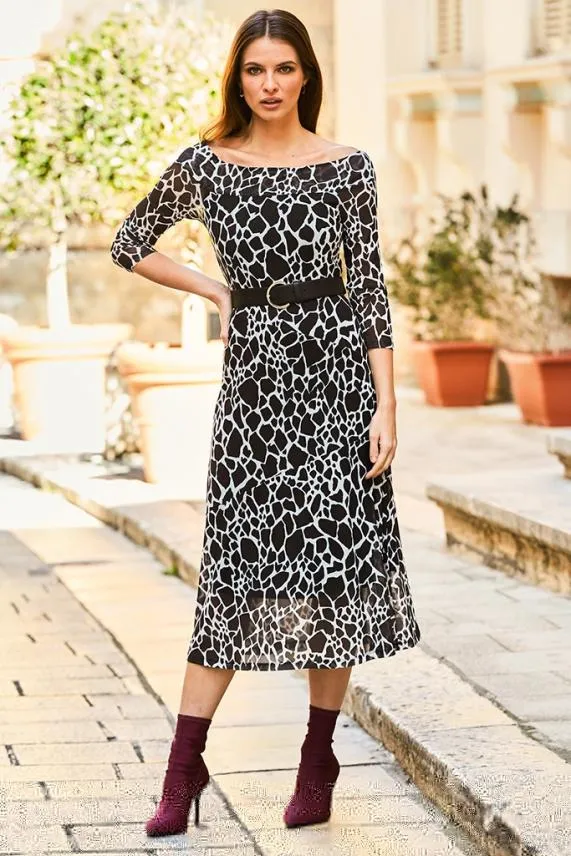 Sosandar Black and White Morocco Print Bardot Mesh Dress Black White Women Dresses