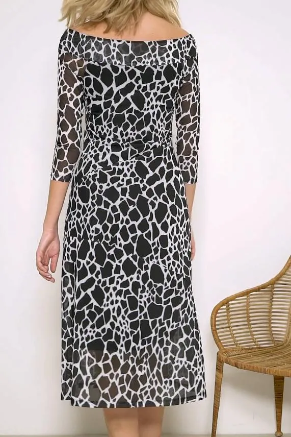 Sosandar Black and White Morocco Print Bardot Mesh Dress Black White Women Dresses