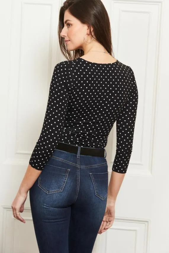 Sosandar Black and White Polka Dot Faux Wrap Jersey Top Black White Women Tops
