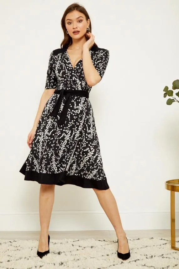 Sosandar Black and White Print Belted Wrap Dress Black White Women Dresses