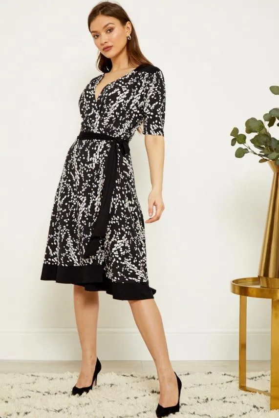 Sosandar Black and White Print Belted Wrap Dress Black White Women Dresses