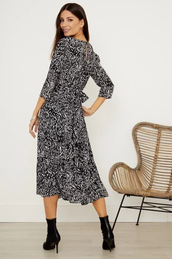 Sosandar Black and White Print Tie Back Detail Midi Dress Black White Women Dresses