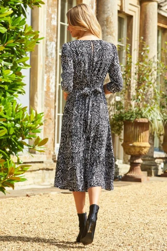 Sosandar Black and White Print Tie Back Detail Midi Dress Black White Women Dresses