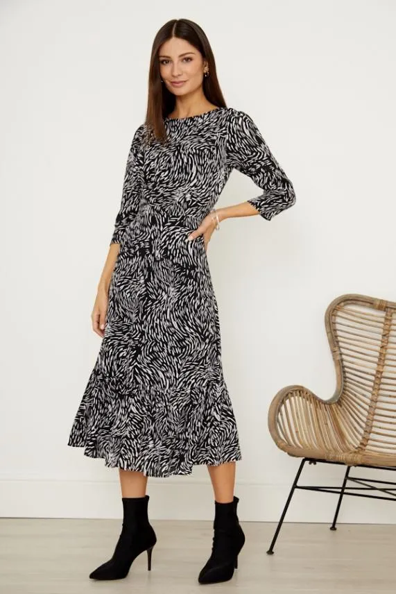 Sosandar Black and White Print Tie Back Detail Midi Dress Black White Women Dresses