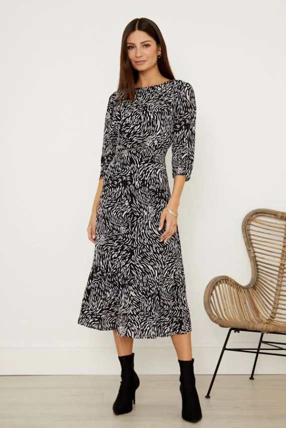 Sosandar Black and White Print Tie Back Detail Midi Dress Black White Women Dresses
