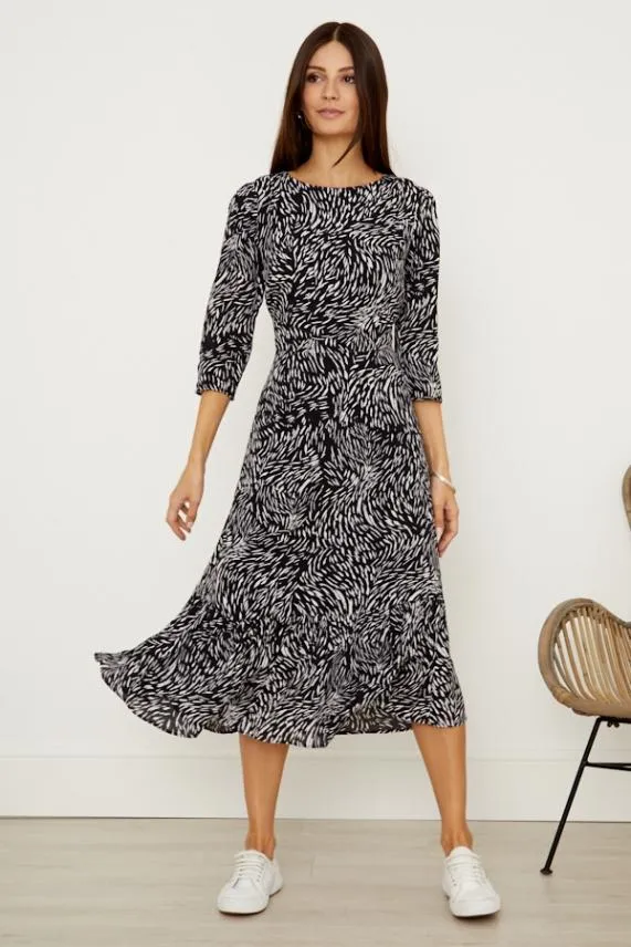 Sosandar Black and White Print Tie Back Detail Midi Dress Black White Women Dresses