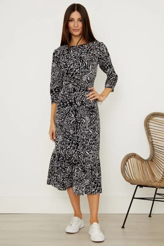 Sosandar Black and White Print Tie Back Detail Midi Dress Black White Women Dresses
