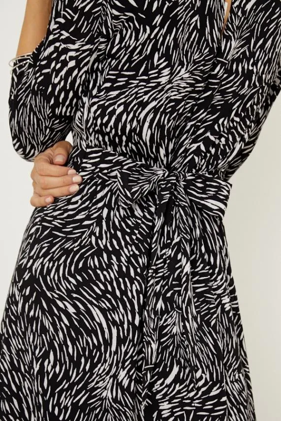 Sosandar Black and White Print Tie Back Detail Midi Dress Black White Women Dresses