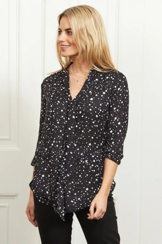 Sosandar Black and White Spot Print Tie Detail Blouse Black White Women Tops