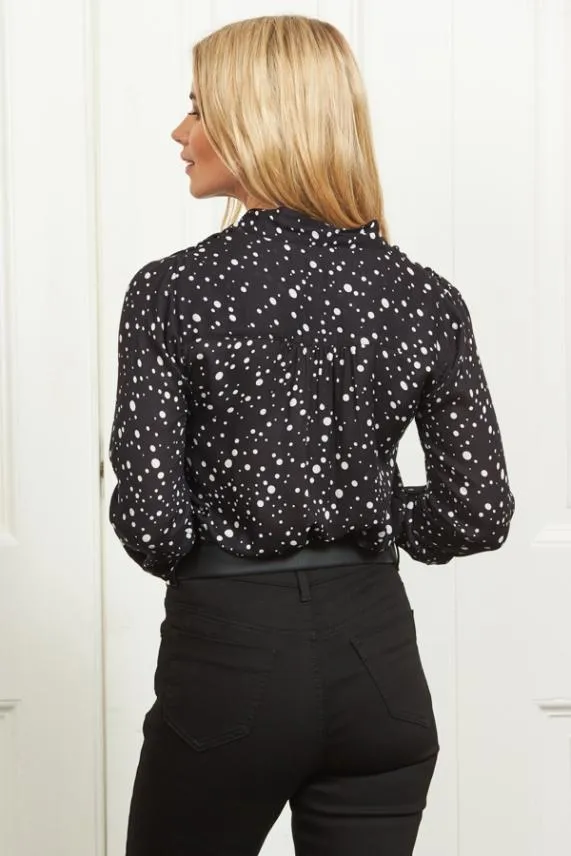 Sosandar Black and White Spot Print Tie Detail Blouse Black White Women Tops