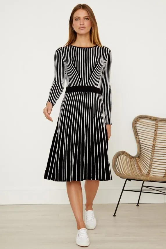 Sosandar Black and White Stripe Fit and Flare Knitted Dress Black White Women Dresses