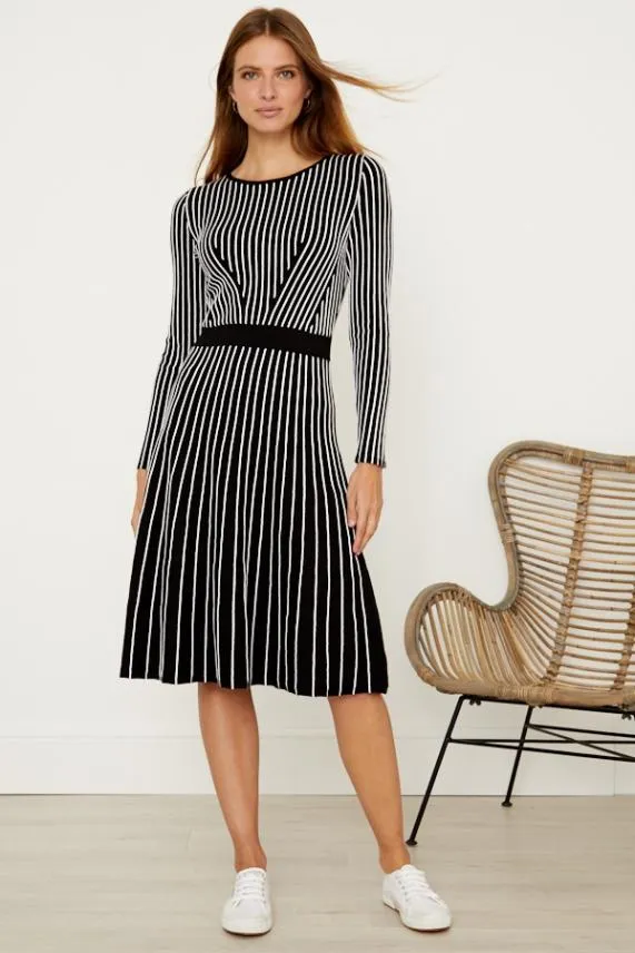 Sosandar Black and White Stripe Fit and Flare Knitted Dress Black White Women Dresses