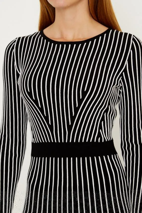 Sosandar Black and White Stripe Fit and Flare Knitted Dress Black White Women Dresses