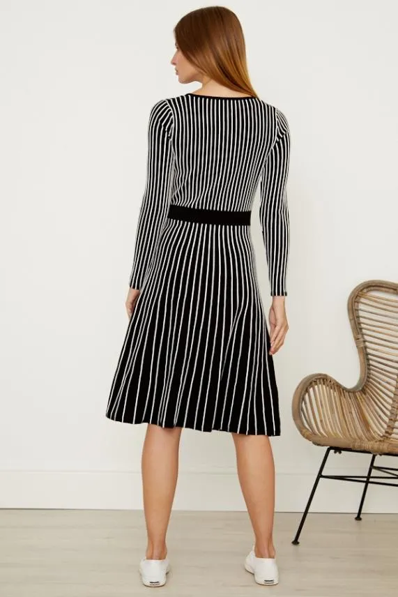 Sosandar Black and White Stripe Fit and Flare Knitted Dress Black White Women Dresses