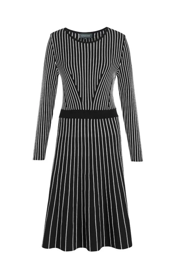 Sosandar Black and White Stripe Fit and Flare Knitted Dress Black White Women Dresses