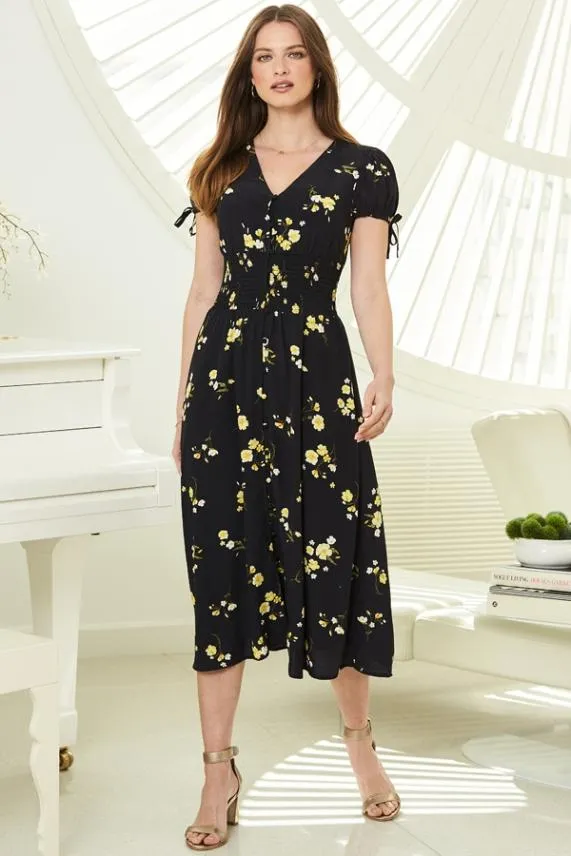 Sosandar Black and Yellow Floral Print Button Front Midi Dress Black Yellow Women Dresses