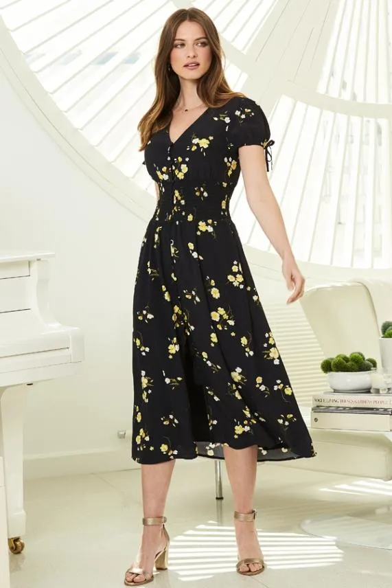 Sosandar Black and Yellow Floral Print Button Front Midi Dress Black Yellow Women Dresses