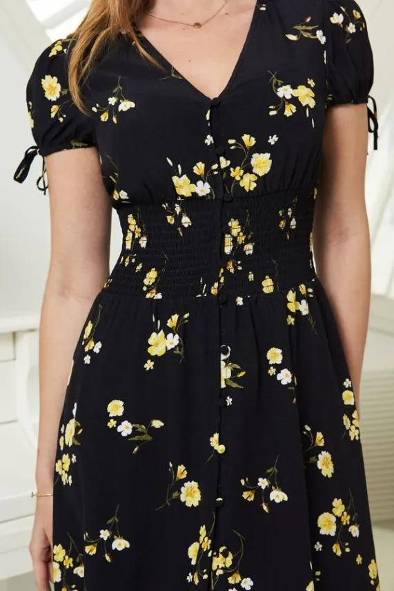 Sosandar Black and Yellow Floral Print Button Front Midi Dress Black Yellow Women Dresses