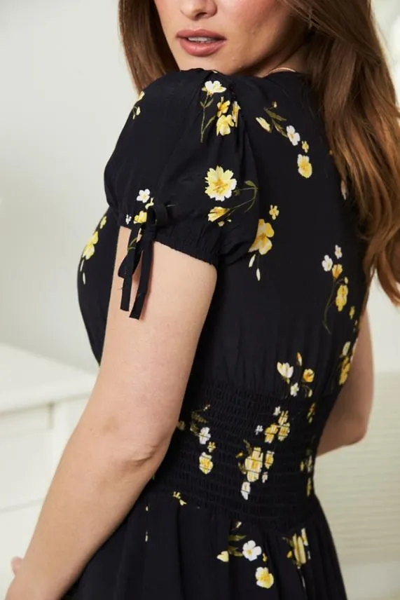 Sosandar Black and Yellow Floral Print Button Front Midi Dress Black Yellow Women Dresses