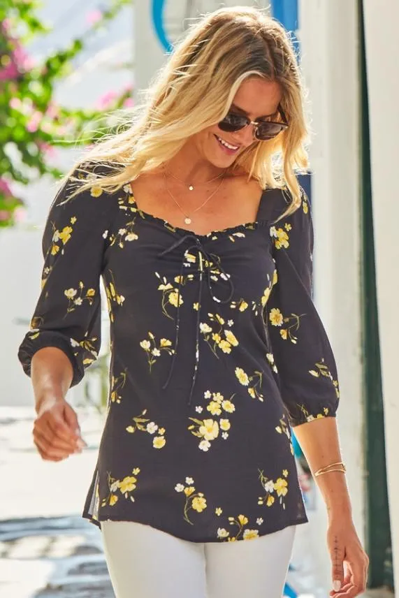 Sosandar Black and Yellow Floral Print Sweetheart Neck Top Black Yellow Women Tops