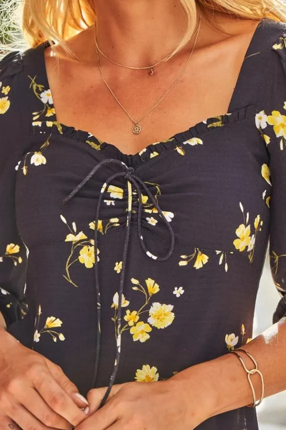 Sosandar Black and Yellow Floral Print Sweetheart Neck Top Black Yellow Women Tops