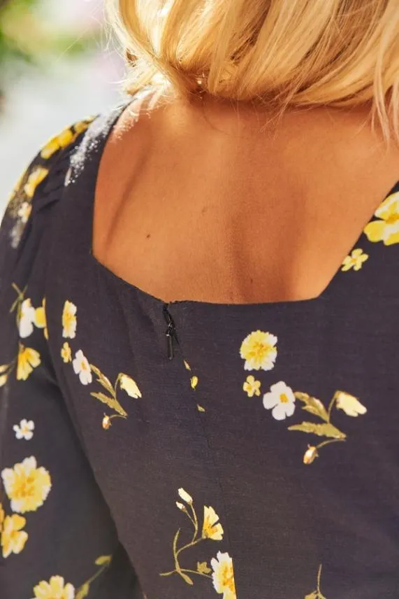 Sosandar Black and Yellow Floral Print Sweetheart Neck Top Black Yellow Women Tops