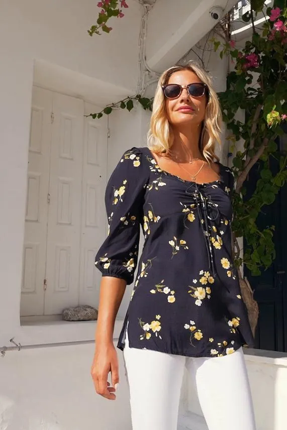 Sosandar Black and Yellow Floral Print Sweetheart Neck Top Black Yellow Women Tops