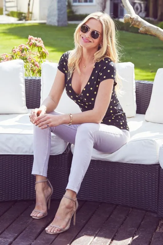Sosandar Black and Yellow Spot Print Faux Wrap Top Black Yellow Women Tops