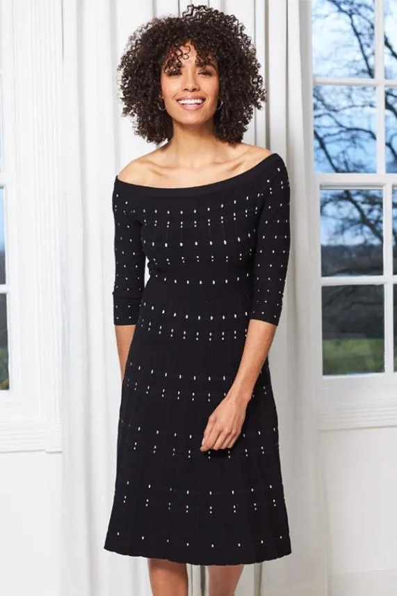 Sosandar Black Bardot Stripe Detail Midi Dress Black Women Knitwear