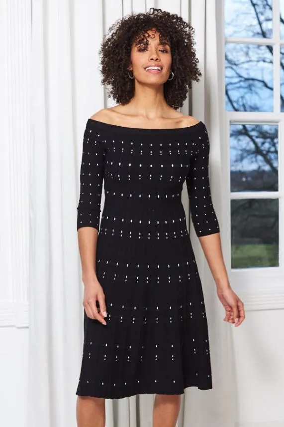 Sosandar Black Bardot Stripe Detail Midi Dress Black Women Knitwear
