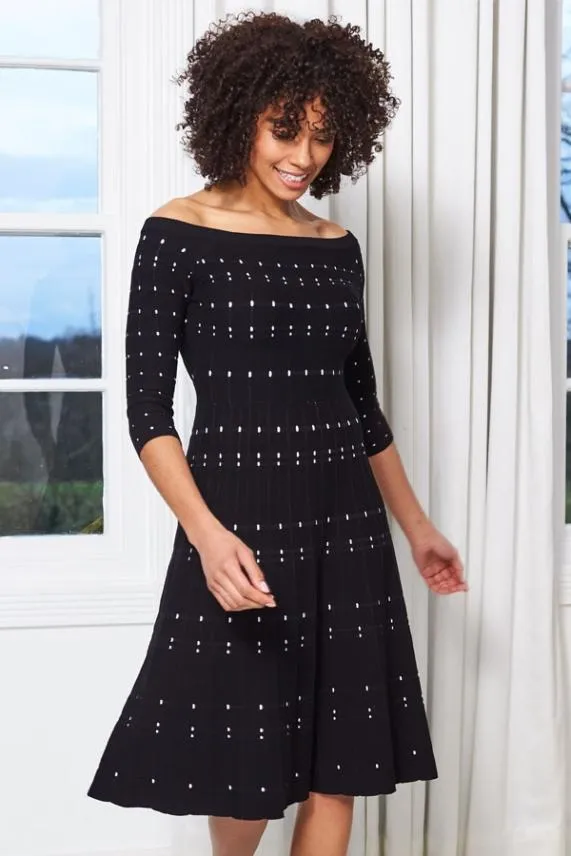 Sosandar Black Bardot Stripe Detail Midi Dress Black Women Knitwear