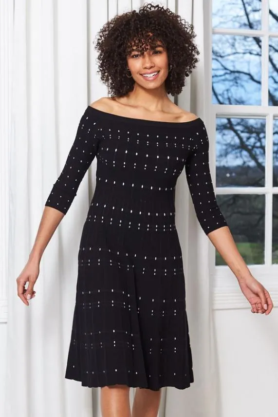 Sosandar Black Bardot Stripe Detail Midi Dress Black Women Knitwear