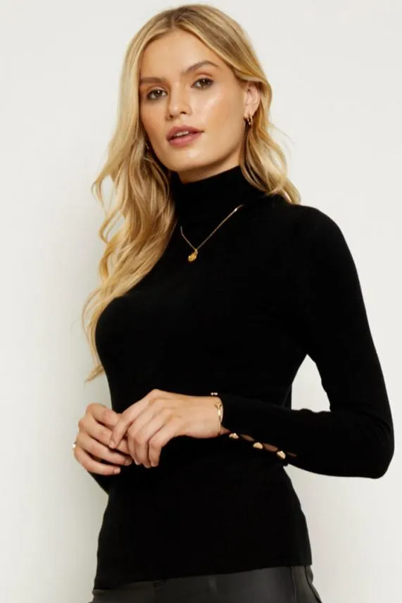 Sosandar Black Button Sleeve Detail Polo Neck Jumper Black Women Knitwear