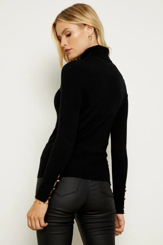 Sosandar Black Button Sleeve Detail Polo Neck Jumper Black Women Knitwear